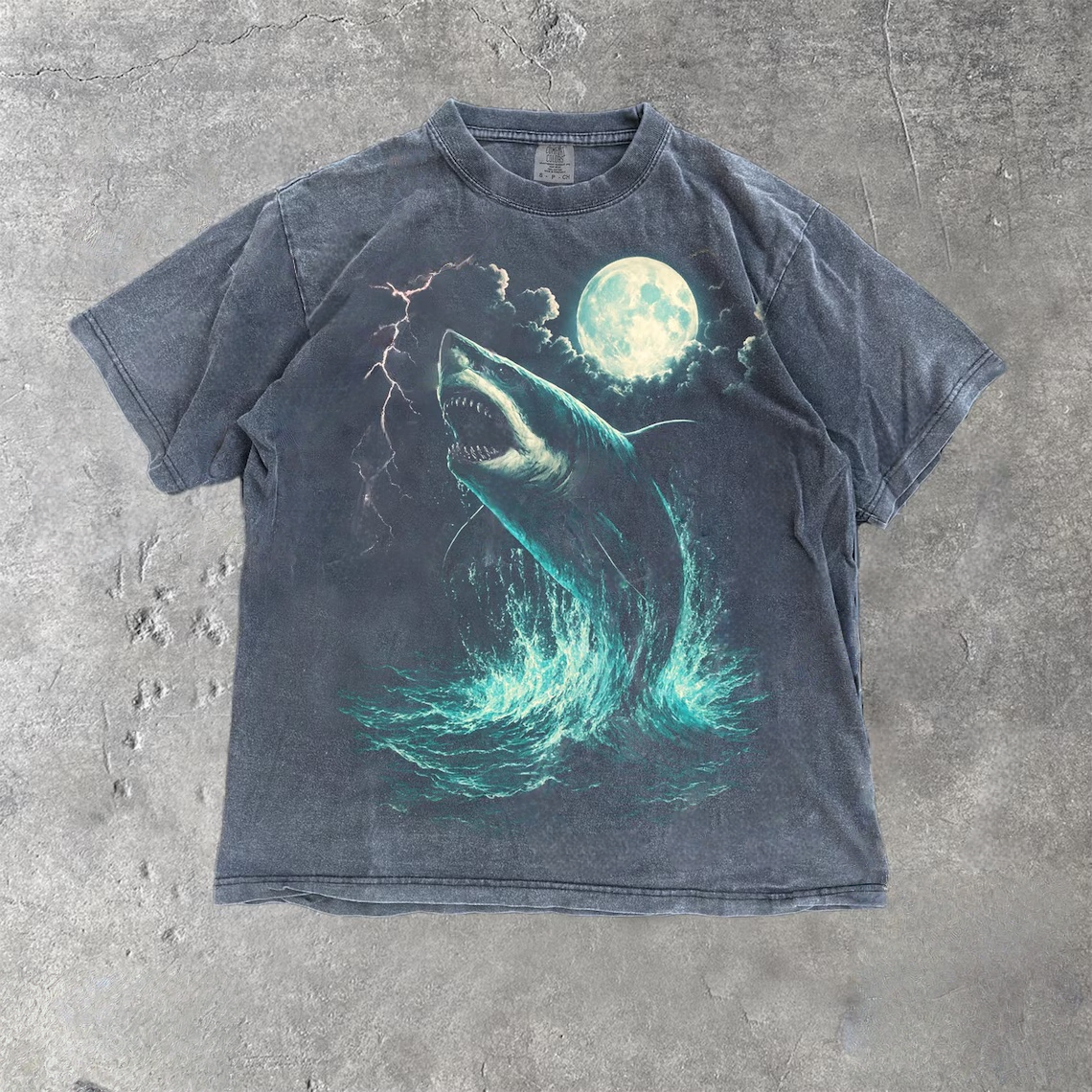 Shark Ocean Moon Vintage Style Washed T-Shirt