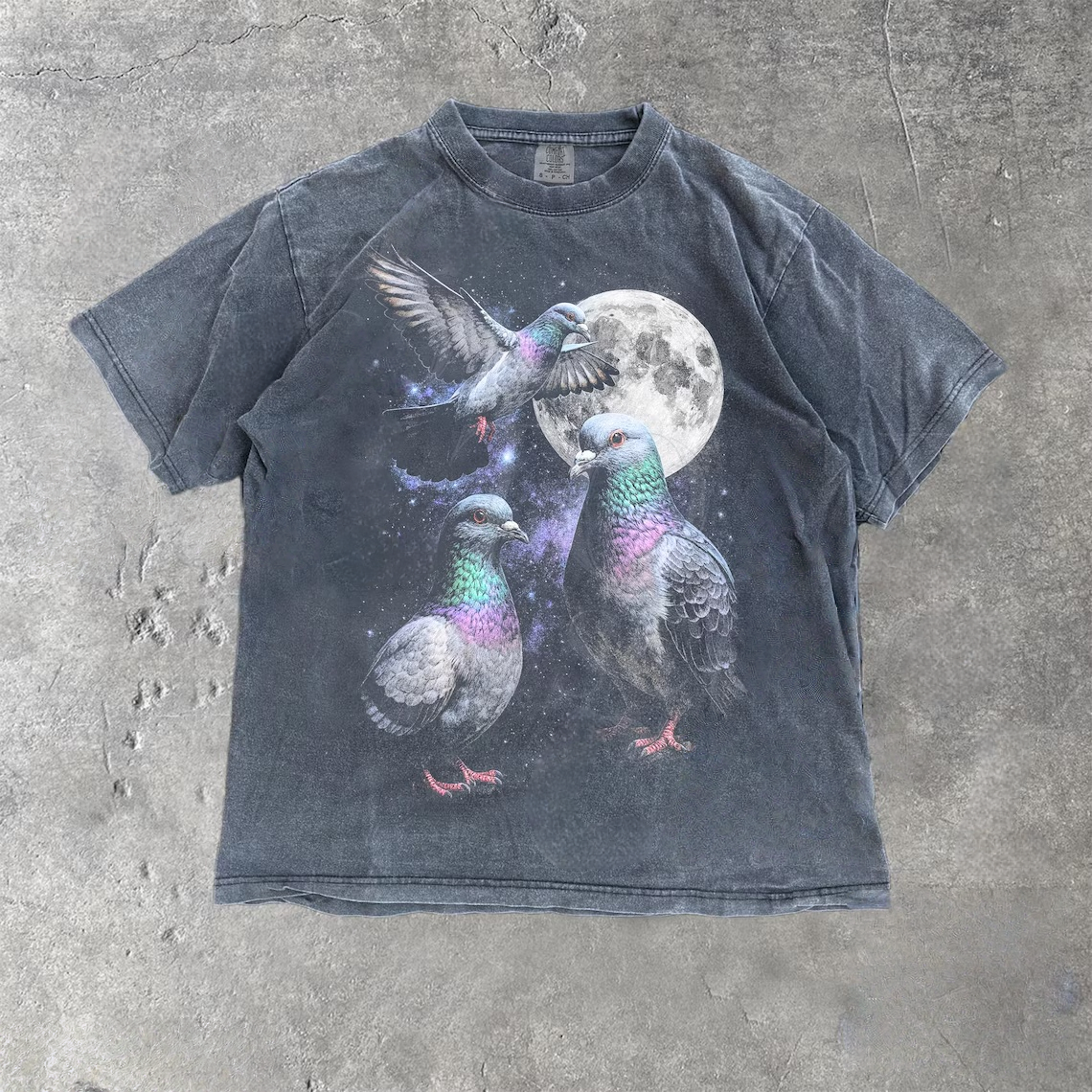 Three Pigeon Moon Vintage Style Washed T-Shirt