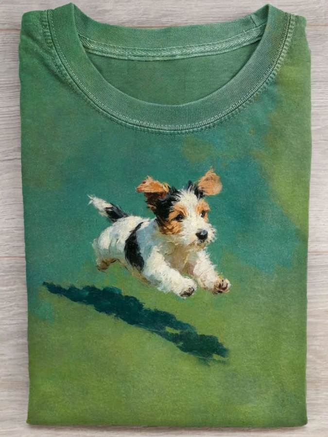 Dog Running In Grass Art Print Casual Short Sleeve T-shirt