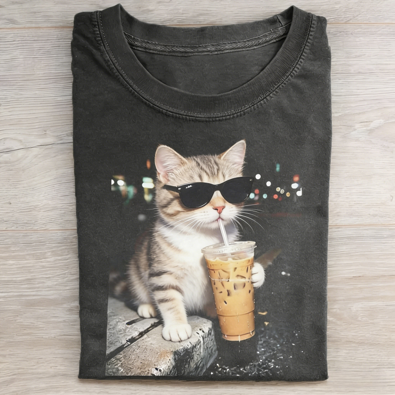 Funny Kitten Drinking Iced Coffee T-Shirt