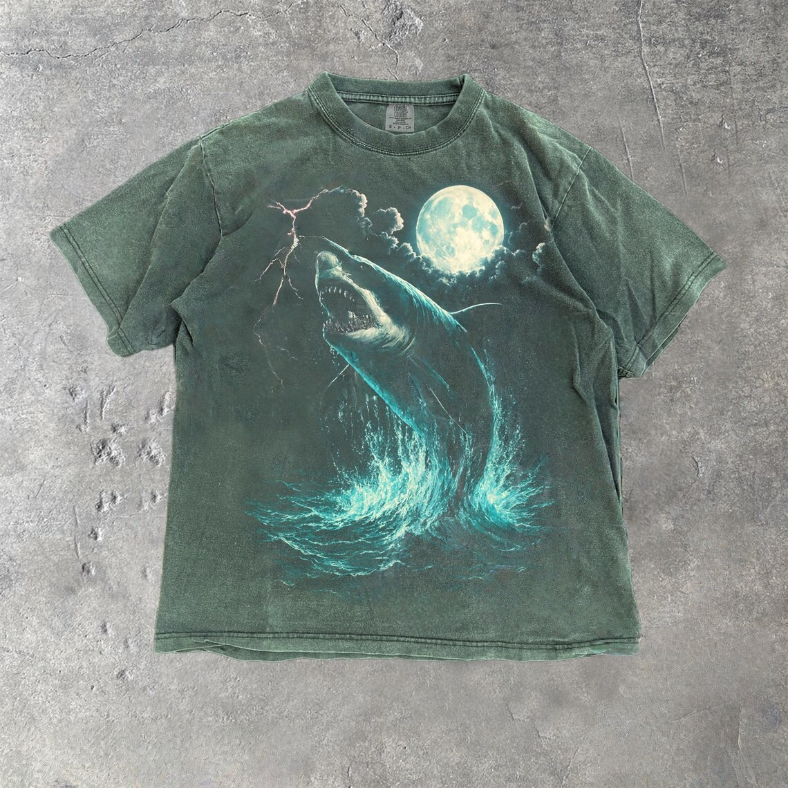 Shark Ocean Moon Vintage Style Washed T-Shirt