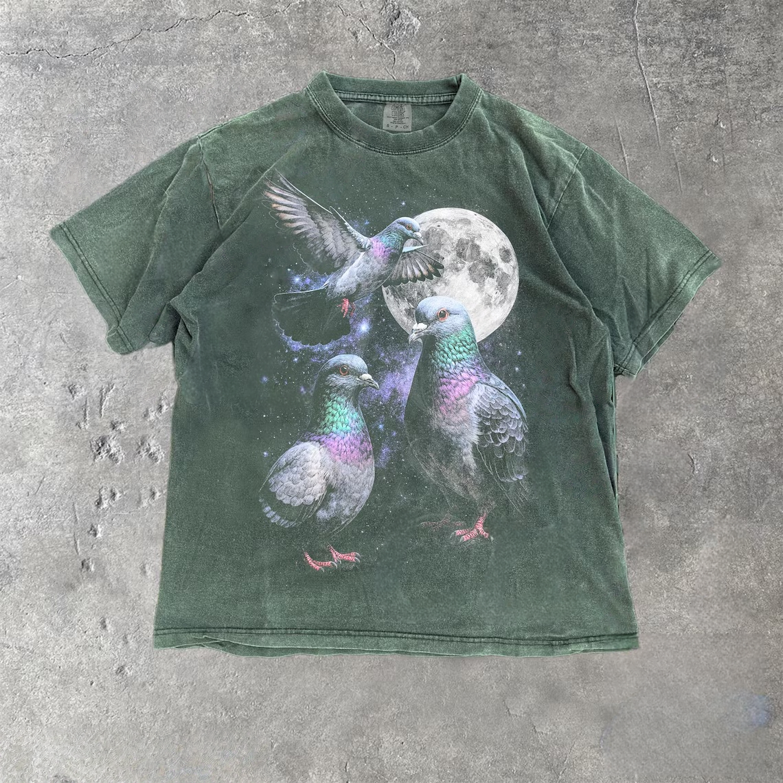 Three Pigeon Moon Vintage Style Washed T-Shirt