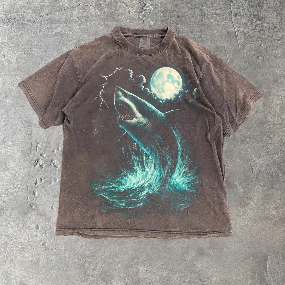 Shark Ocean Moon Vintage Style Washed T-Shirt