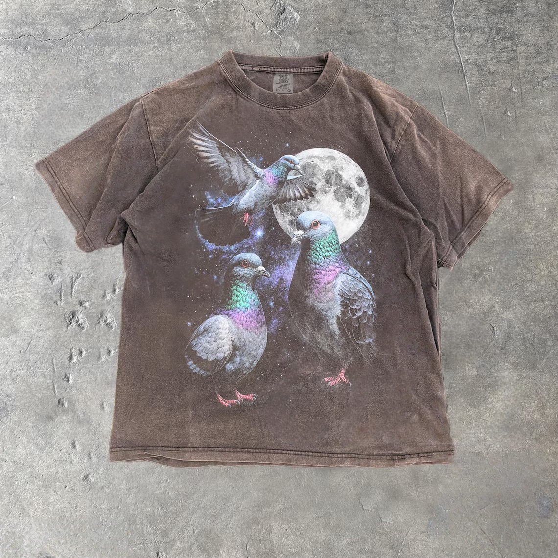 Three Pigeon Moon Vintage Style Washed T-Shirt
