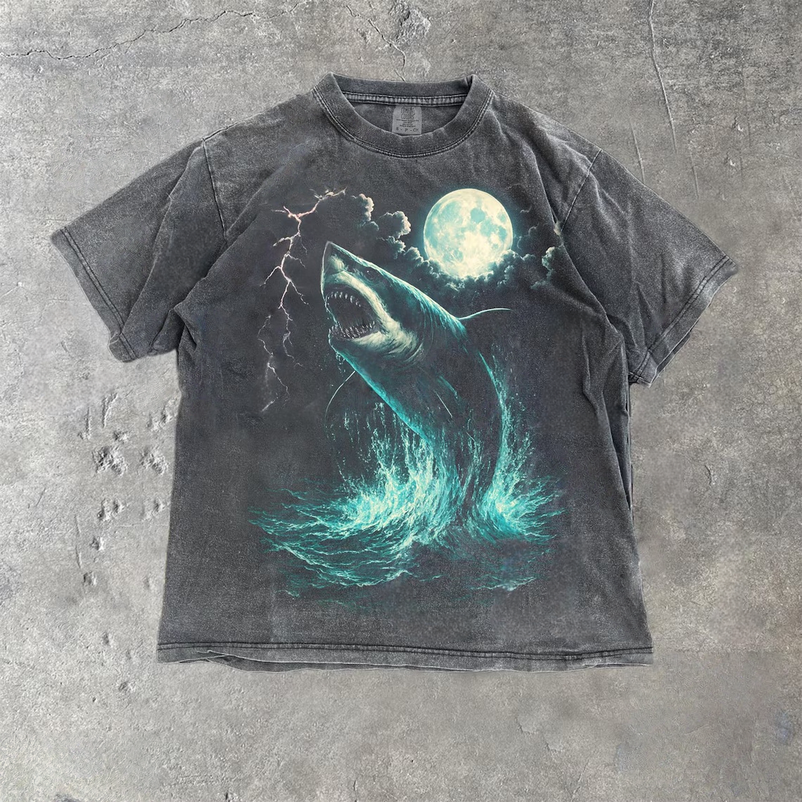 Shark Ocean Moon Vintage Style Washed T-Shirt