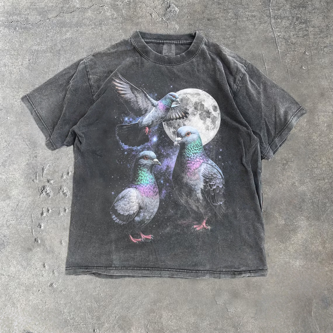 Three Pigeon Moon Vintage Style Washed T-Shirt
