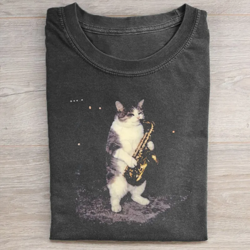 Saxophone Cat Vintage Graphic T-shirt