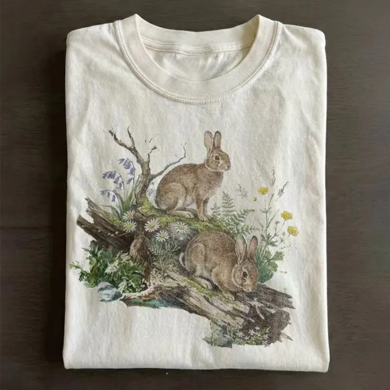 Vintage Woodland Rabbit Graphic T-Shirt