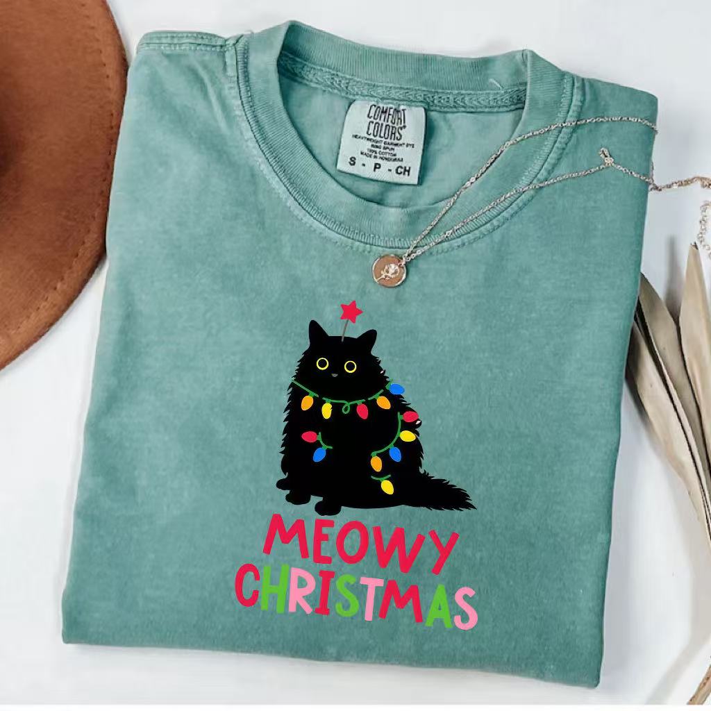 Meowy Christmas Black Cat Graphic T-Shirt