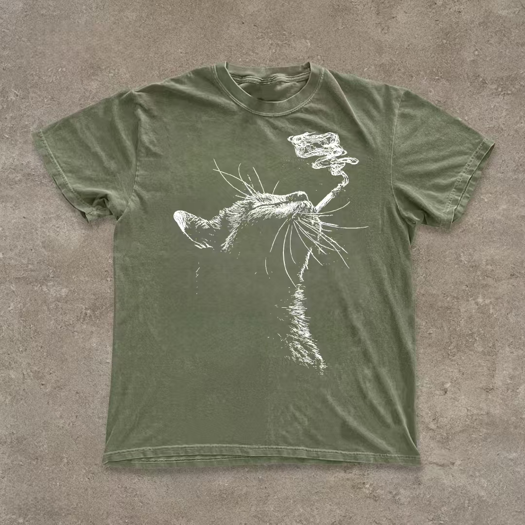 Smoking Cat Sketch Graphic T-shirt