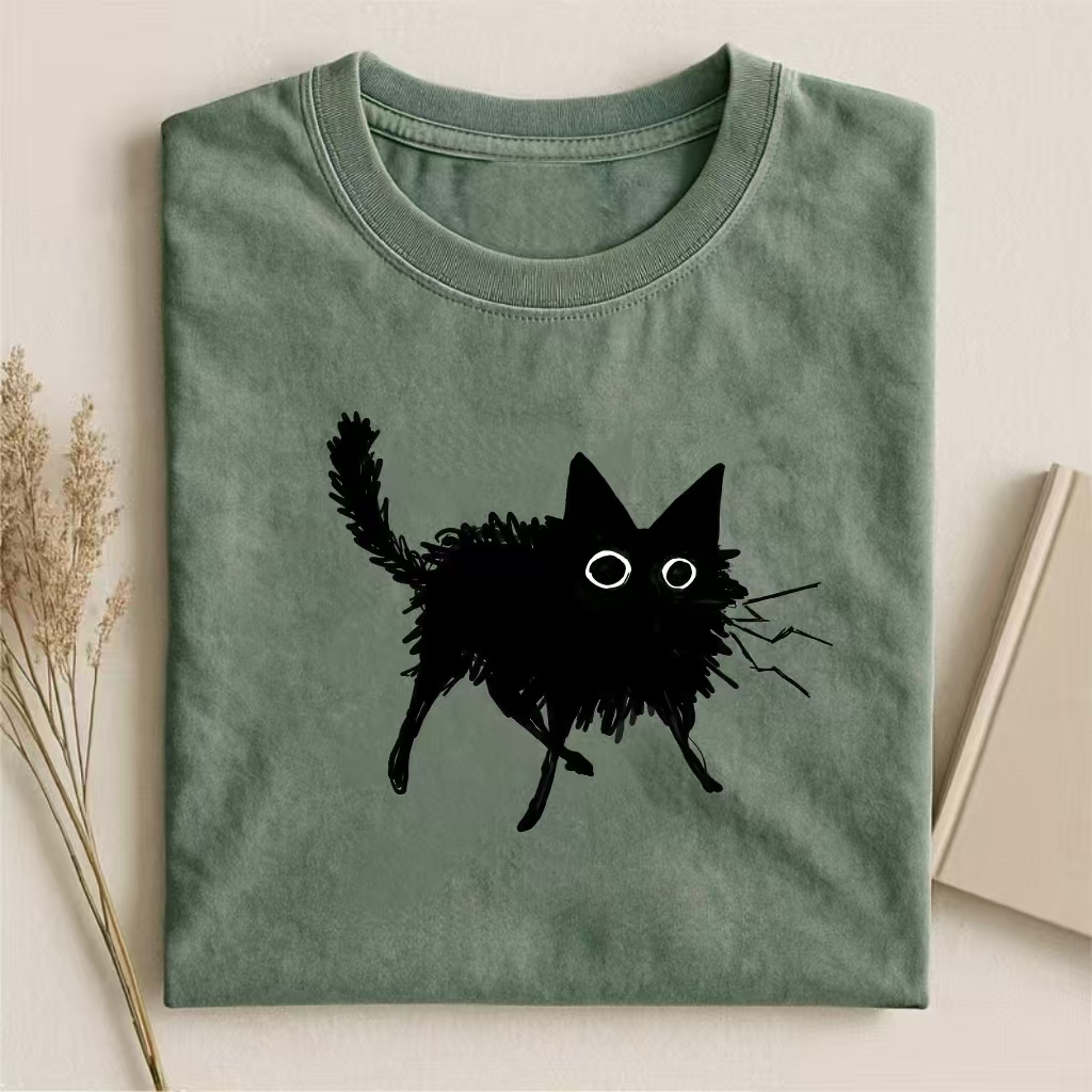 Fuzzy Black Cat Sketch T-shirt