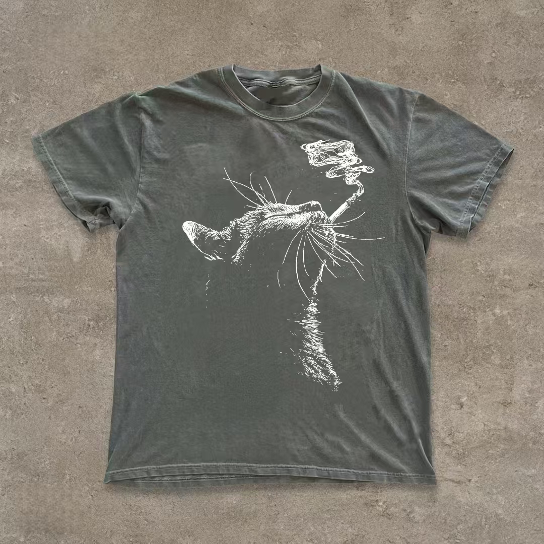 Smoking Cat Sketch Graphic T-shirt