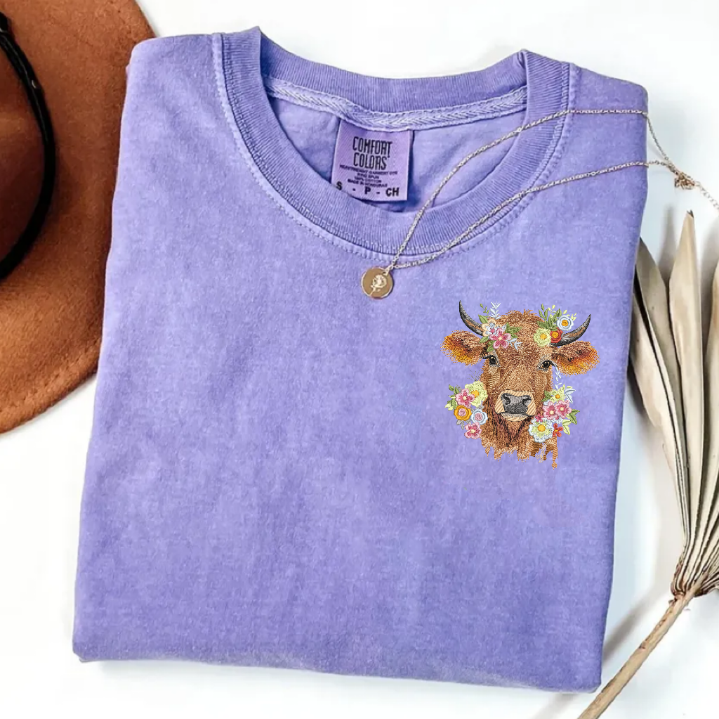 Embroidery Cute Highland Cow T-shirt