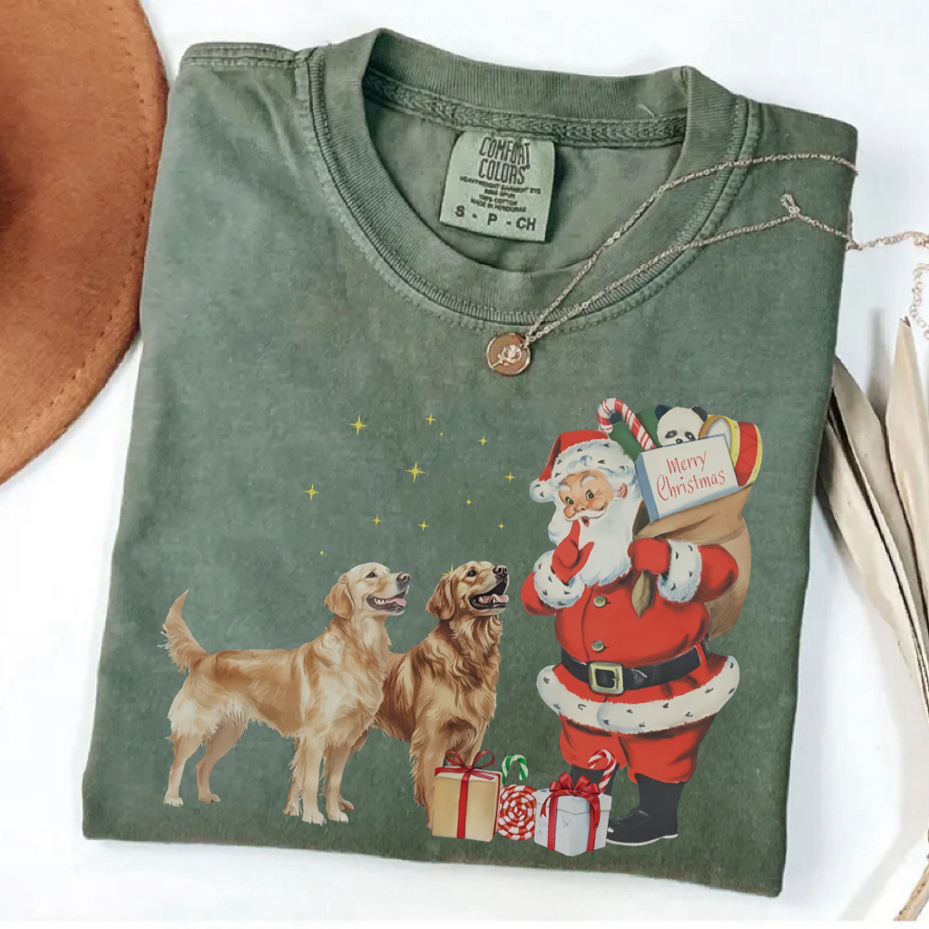Vintage Golden Retriever Santa Christmas T-shirt