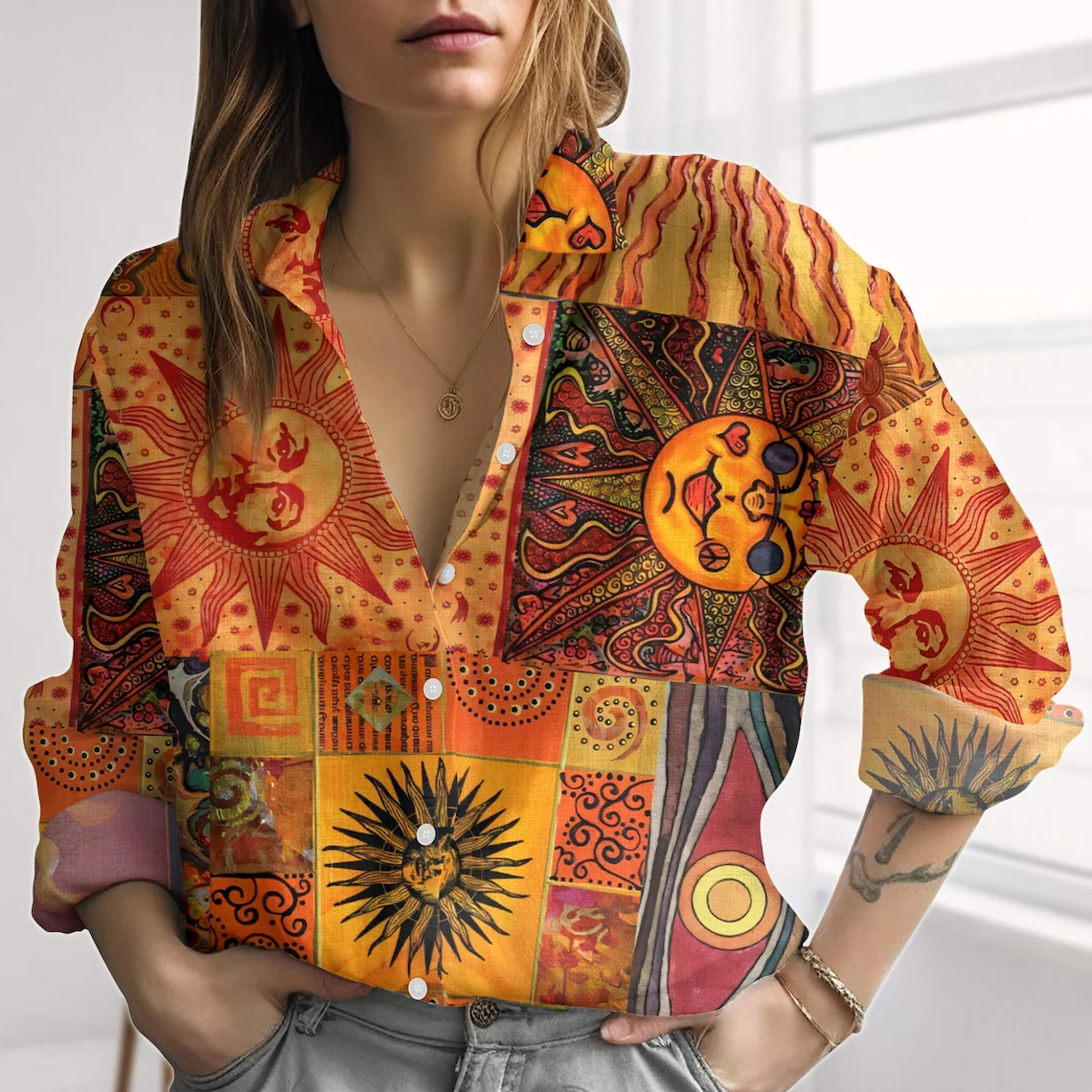 Boho Folk Art Blouses Shirt
