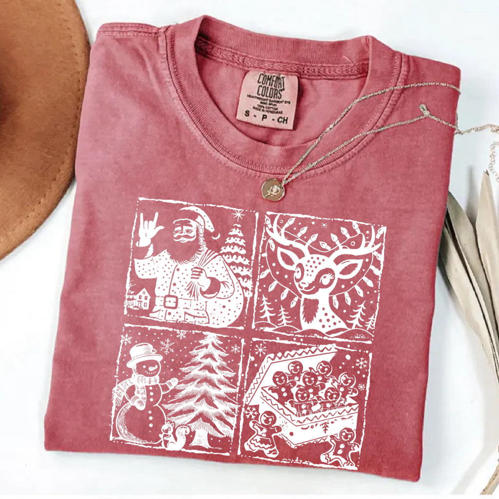 Retro Santa Reindeer Snowman Gingerbread Man Xmas T-shirt