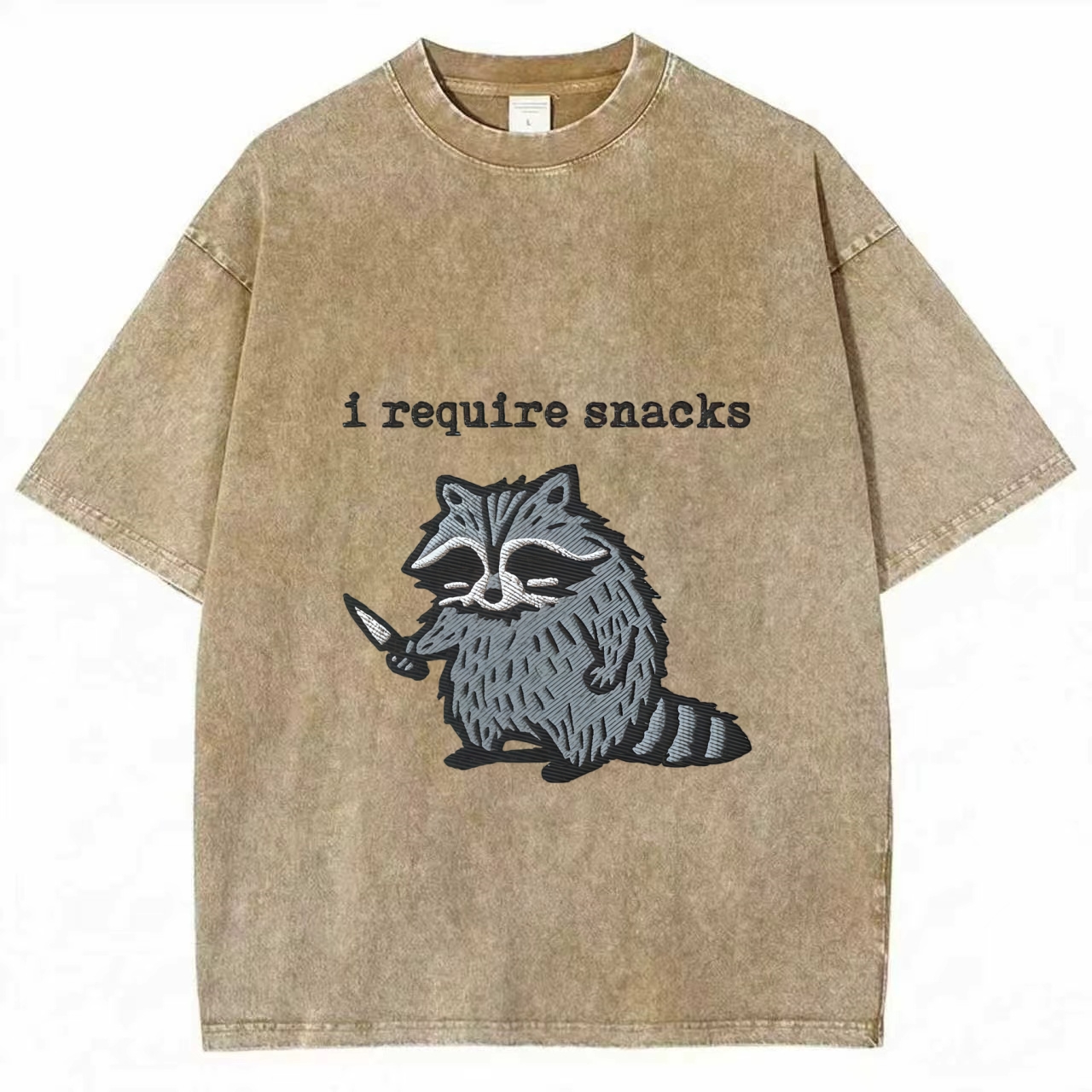 I Require Snacks Embroidered Raccoon T-Shirt