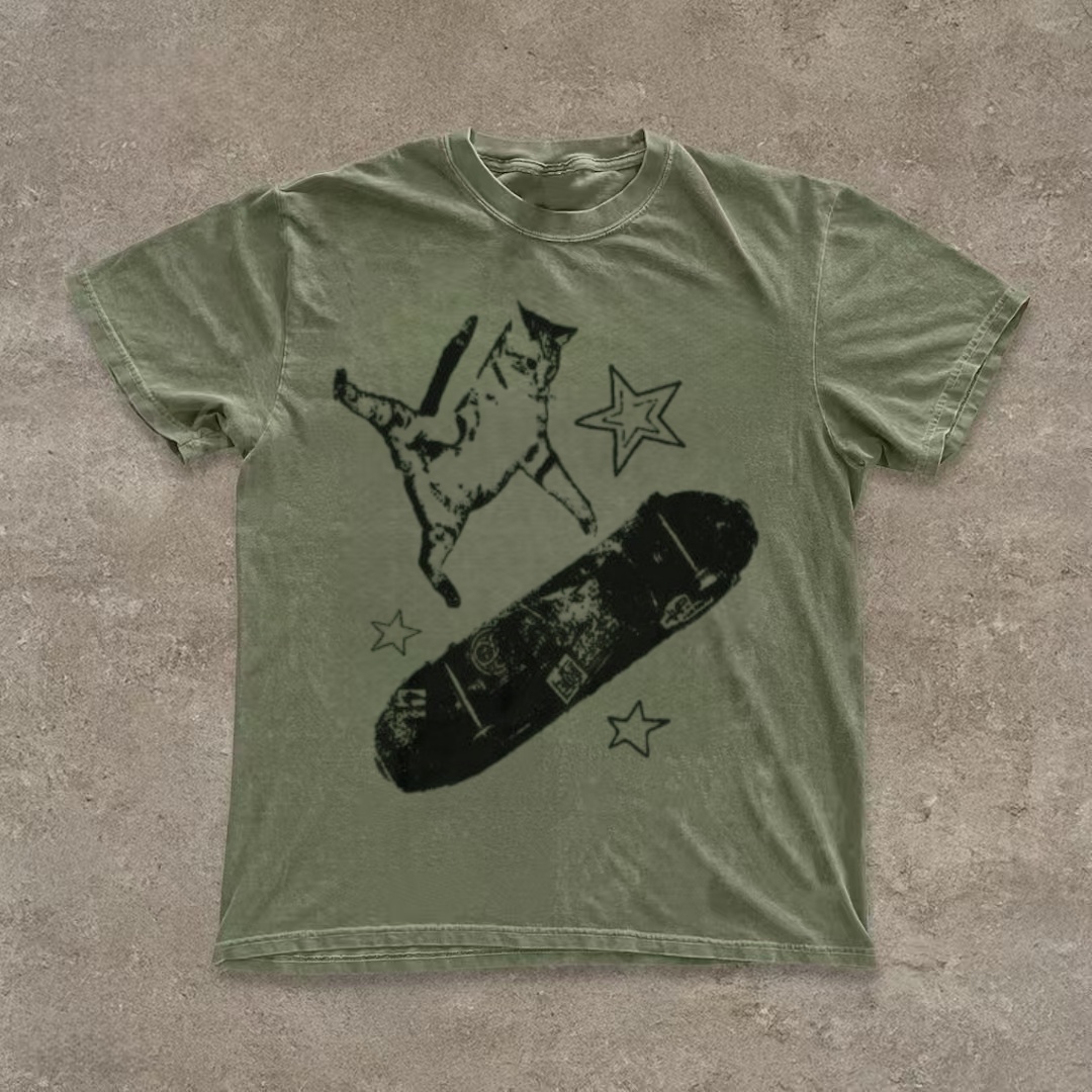 Skateboarding Cat Distressed Graphic T-shirt
