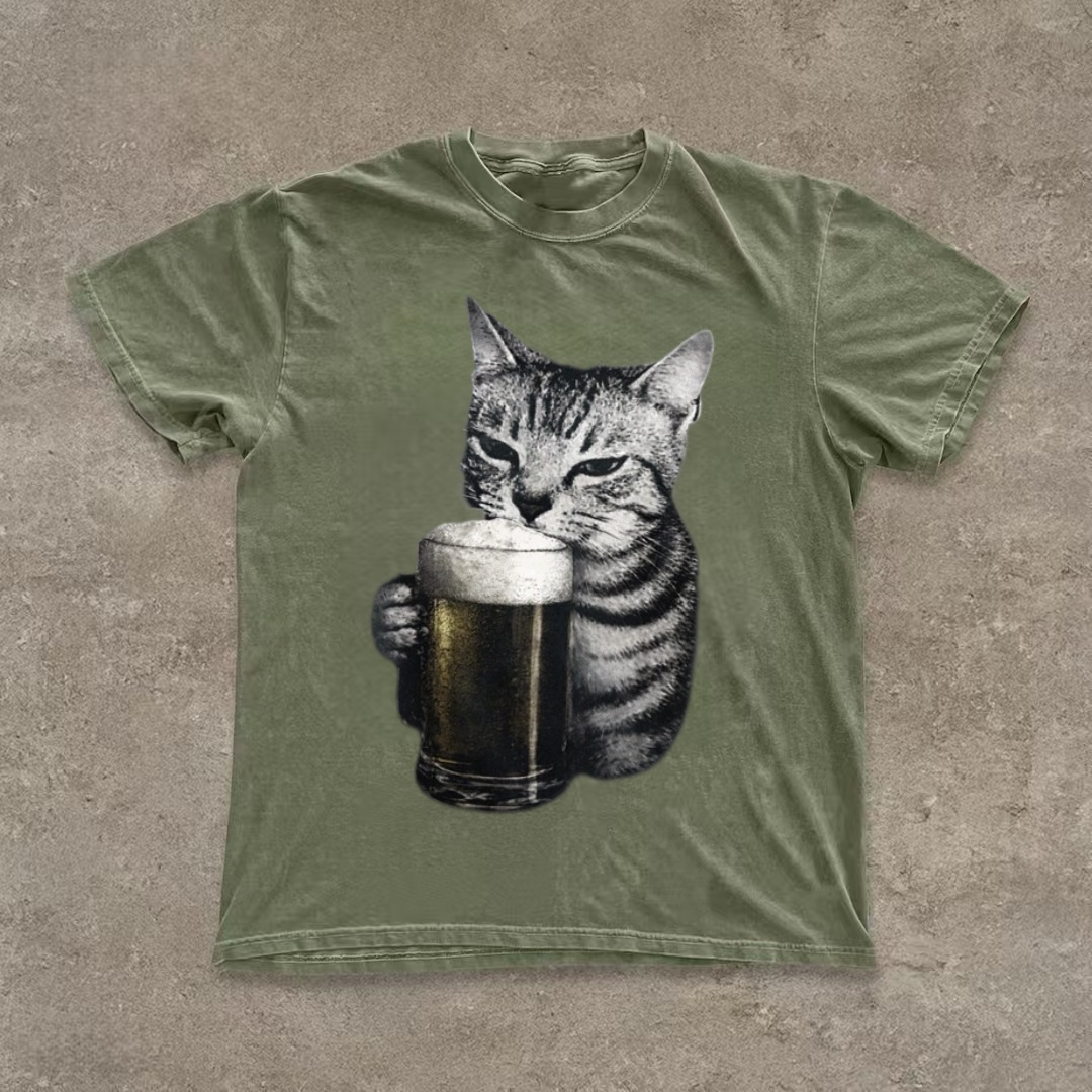 Cat Drinking Beer Funny Meme T-Shirt