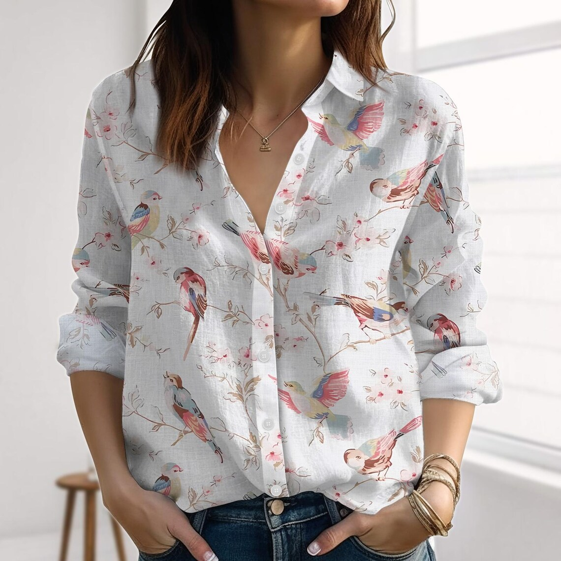 Birds Flower Linen-Look Shirt
