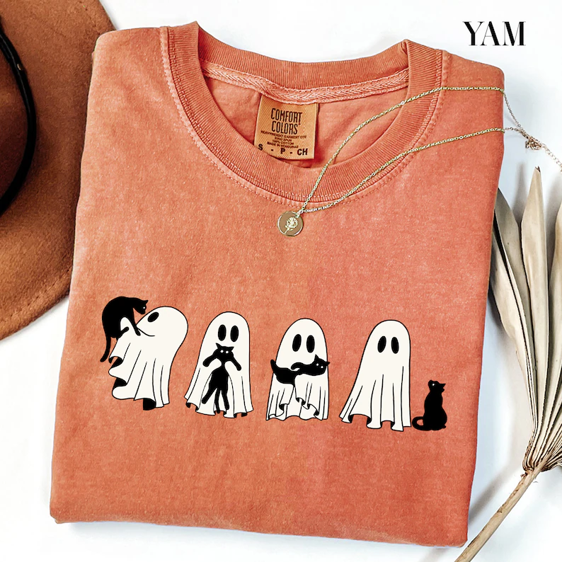 Halloween Black Cat & Ghost Comfort Colors Shirt