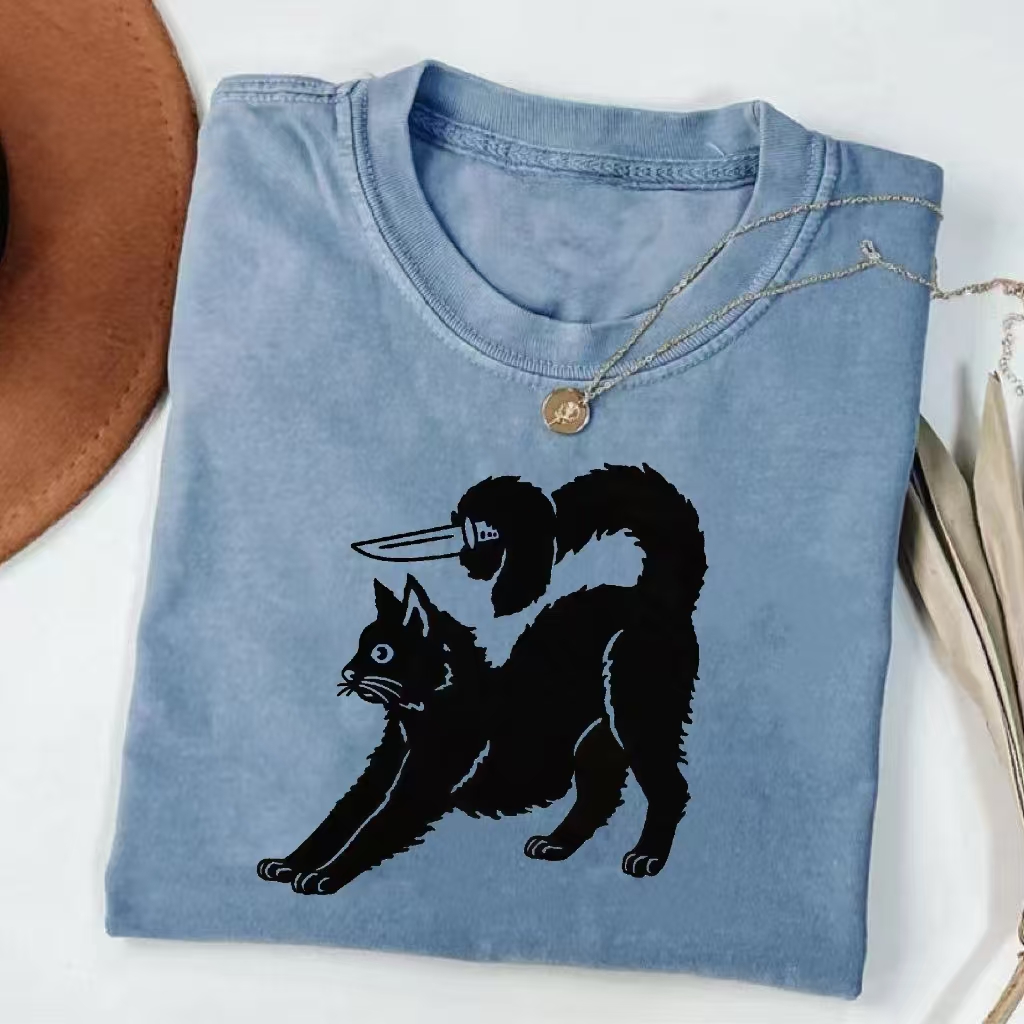 "Cat With Hidden Knife" Humor Graphic T-shirt