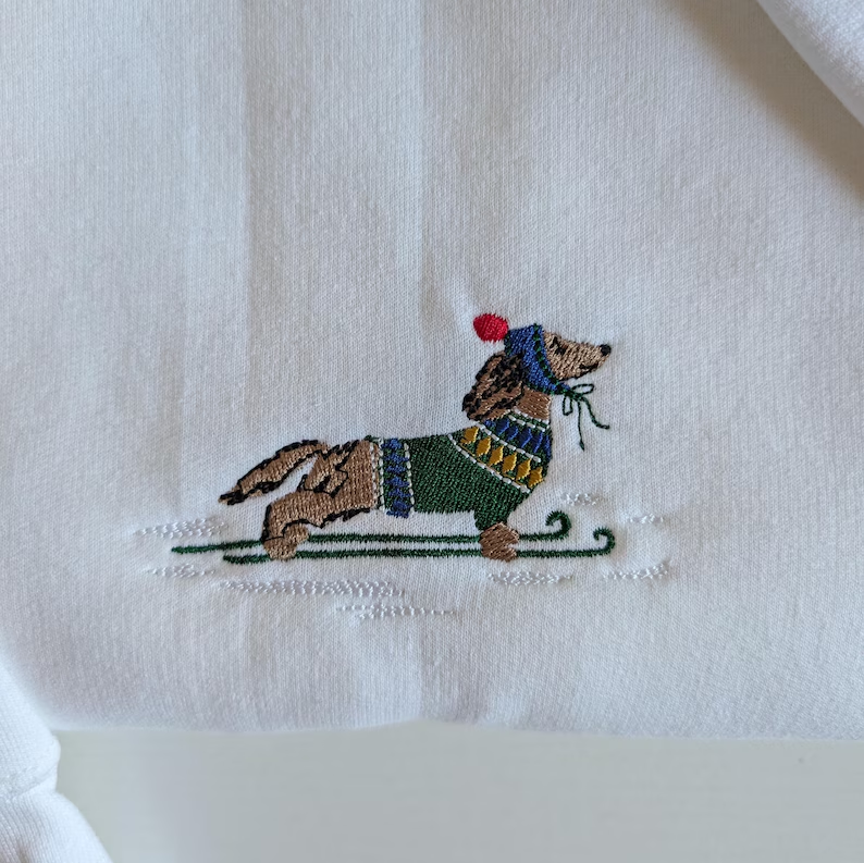 Embroidered Skiing Dachshund Holiday Christmas Sweatshirt