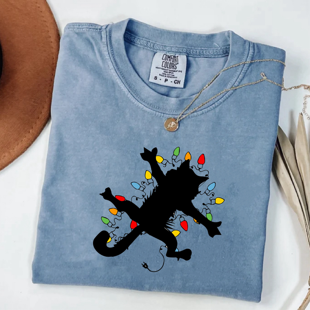 Comfort Color Cat With Christmas Lights T-shirt