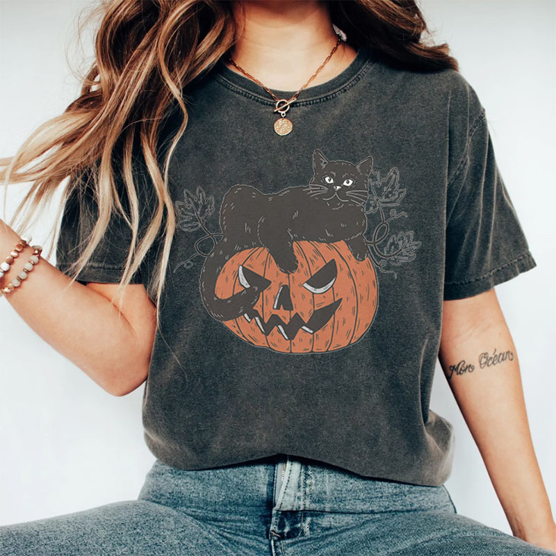 Black Cat on Pumpkin T-Shirt-Lulueye