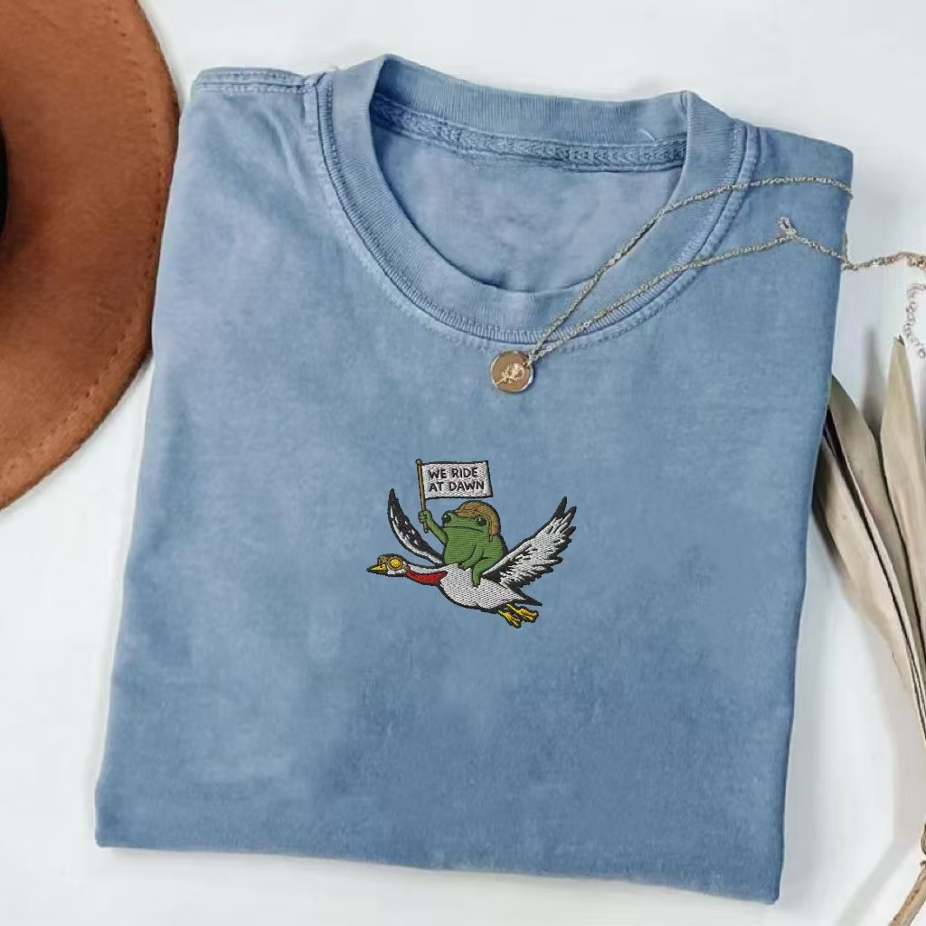 "We Ride At Dawn" Frog & Duck Embroidered T-shirt