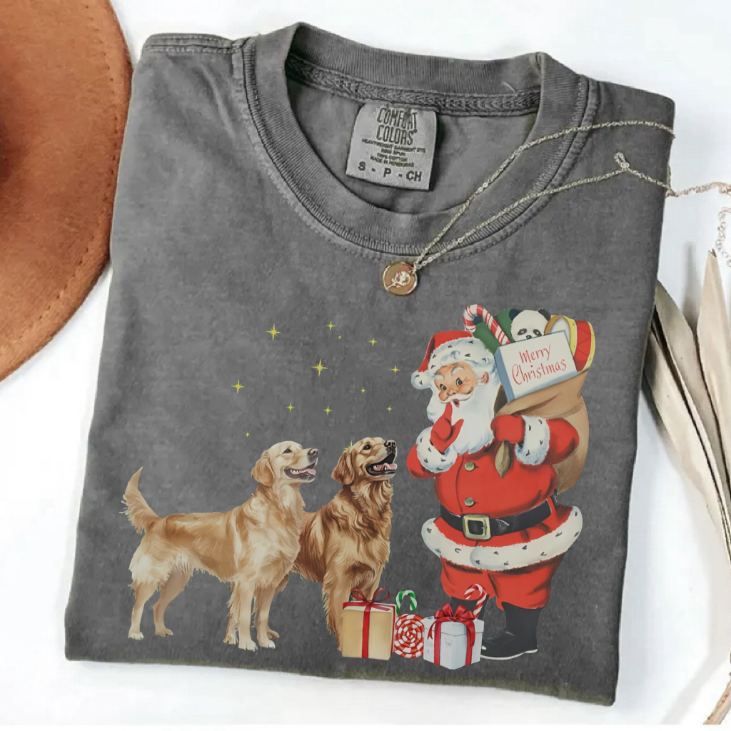 Vintage Golden Retriever Santa Christmas T-shirt