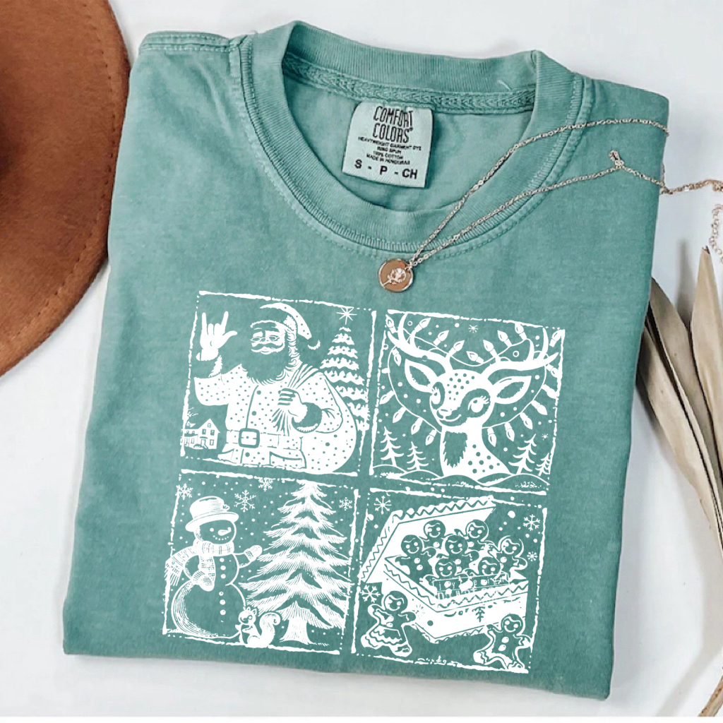 Retro Santa Reindeer Snowman Gingerbread Man Xmas T-shirt