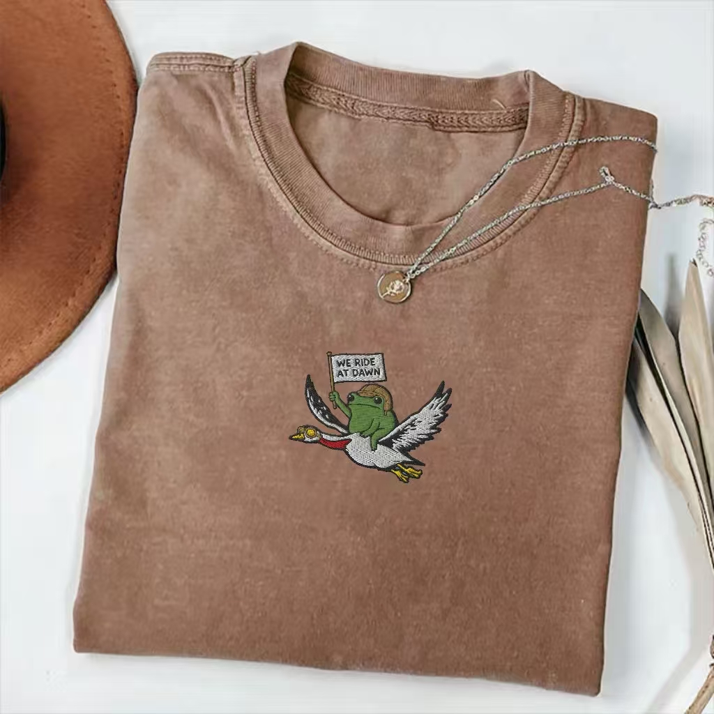"We Ride At Dawn" Frog & Duck Embroidered T-shirt