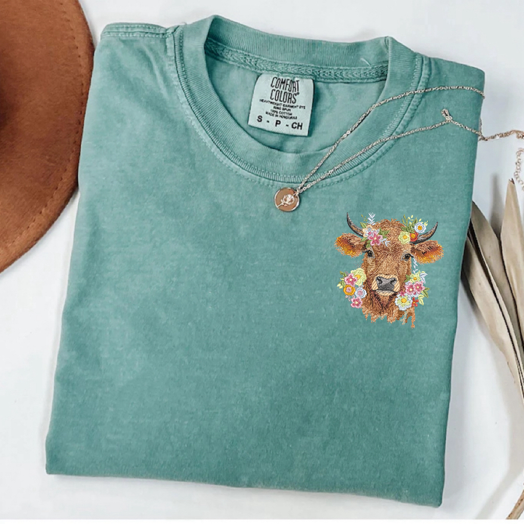 Embroidery Cute Highland Cow T-shirt