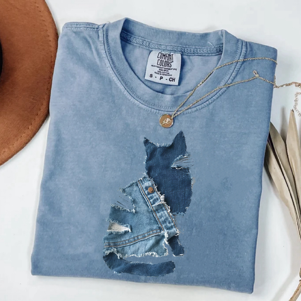Cute cat Denim Patchwork Art Shirt