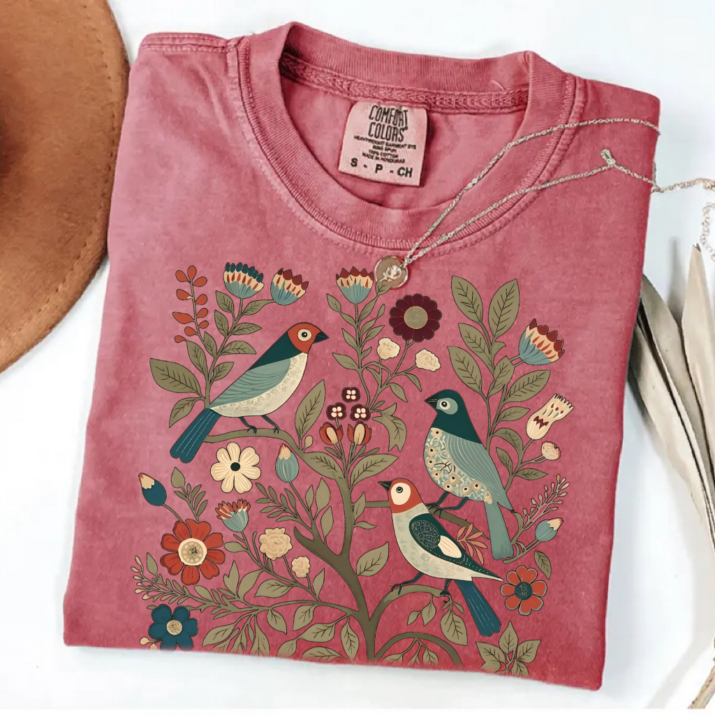 Comfort Colors Cottagecore Birds and Flowers T-Shirt