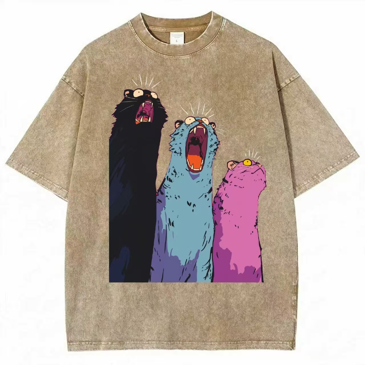 Three Screaming Cats Retro Art Washed T-Shirt