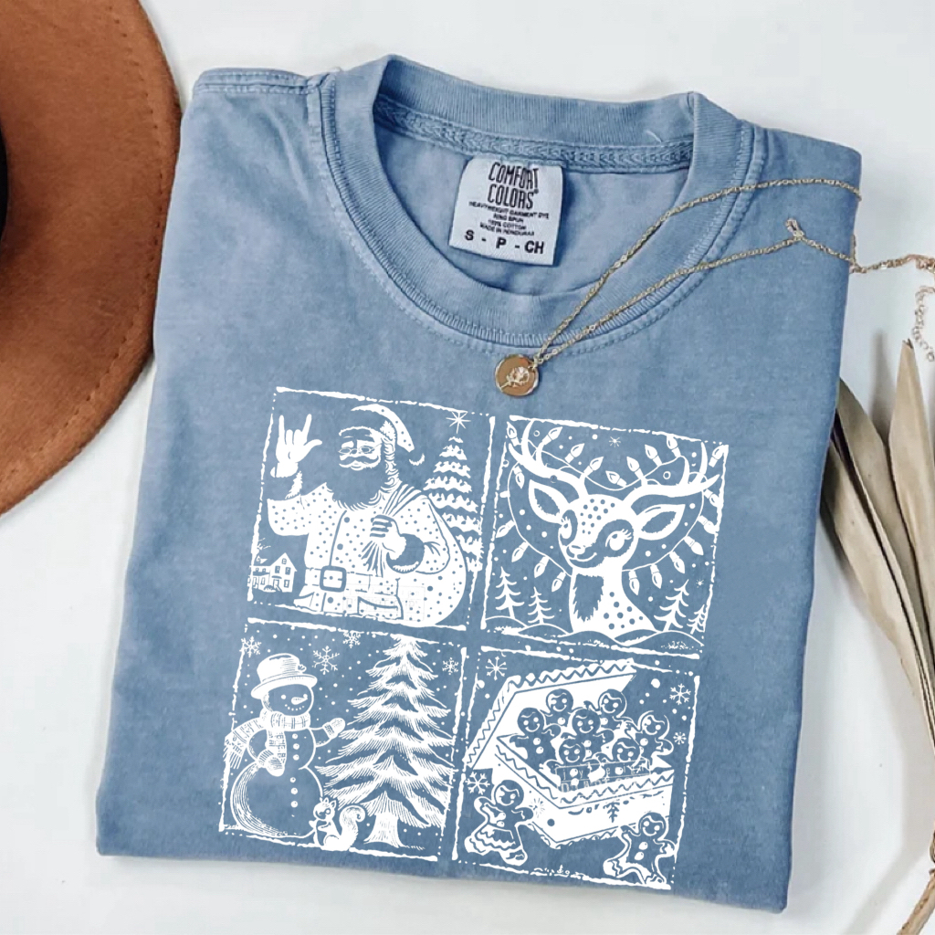 Retro Santa Reindeer Snowman Gingerbread Man Xmas T-shirt