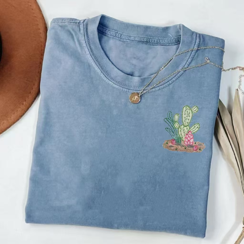 Cactus Embroidery Casual T-Shirt