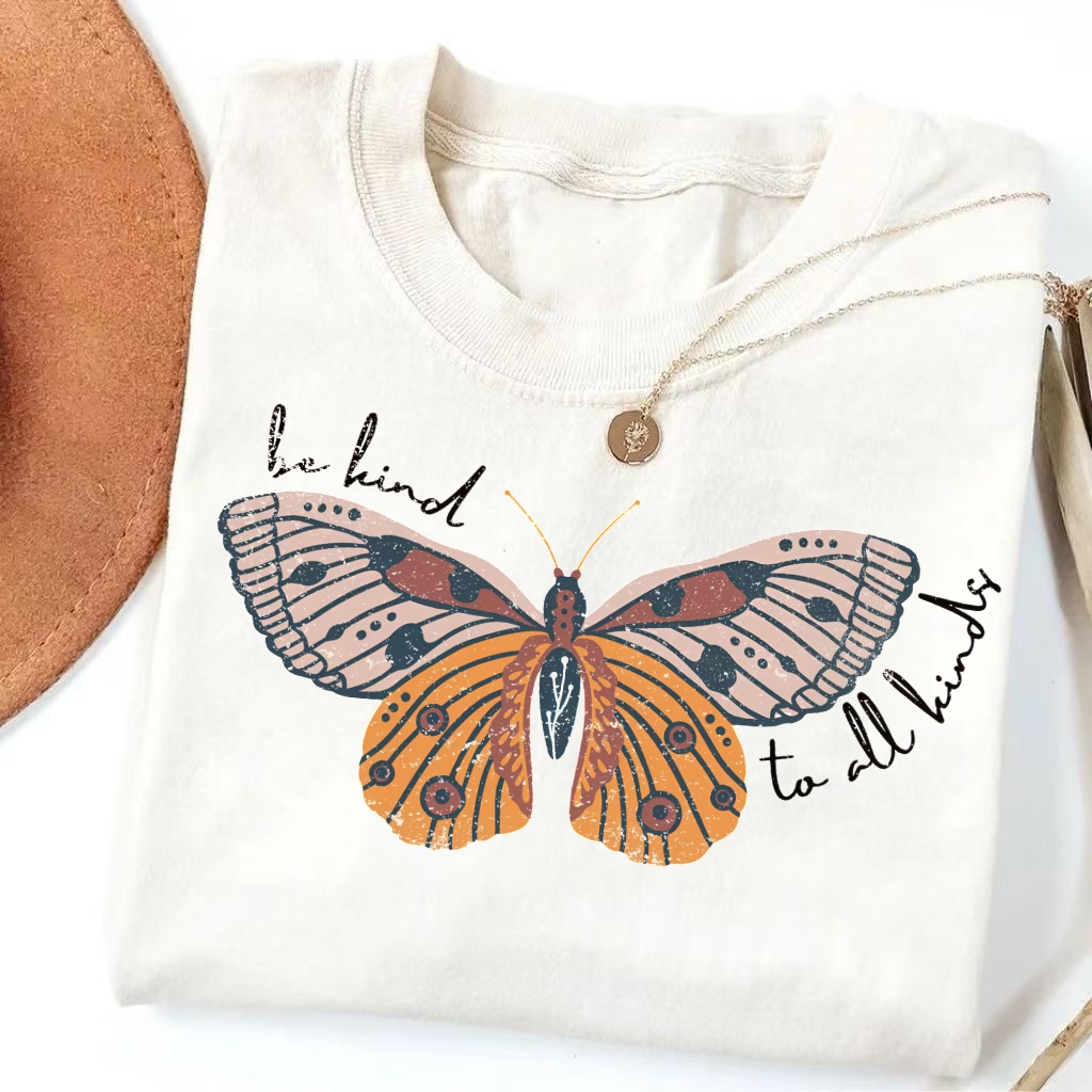  "Be Kind To All Kinds" Butterfly Print Casual T-Shirt