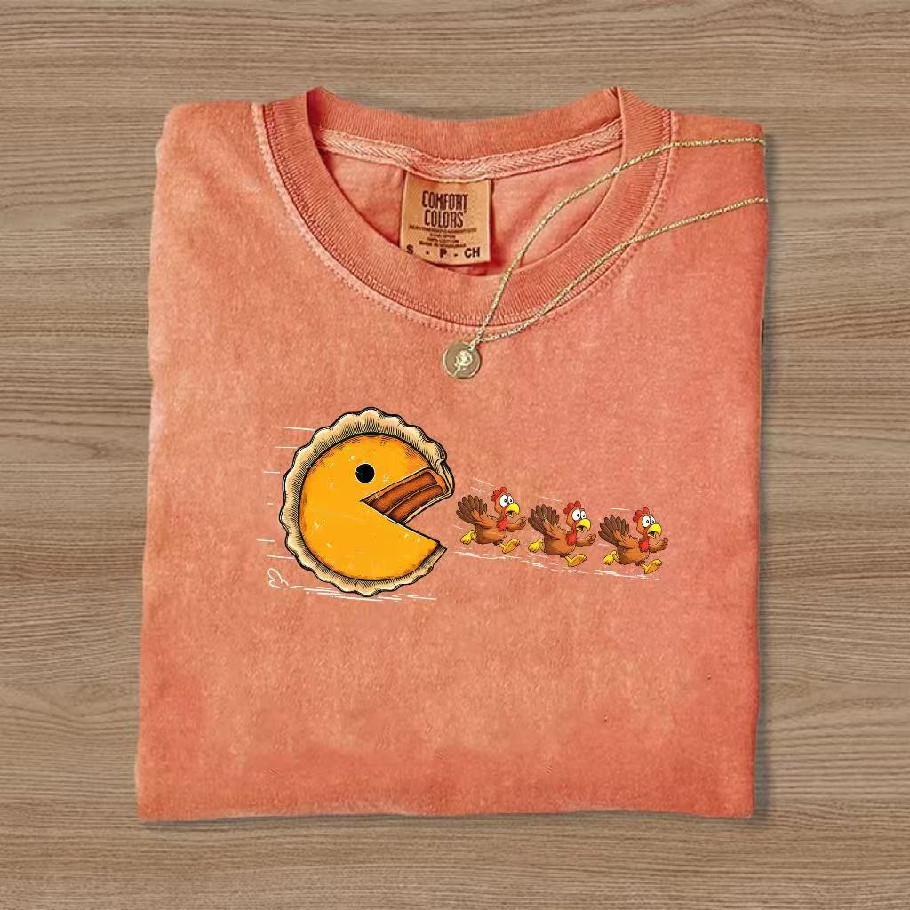 Full Thanksgiving Pac-Man Pie Chasing Turkeys T-shirt