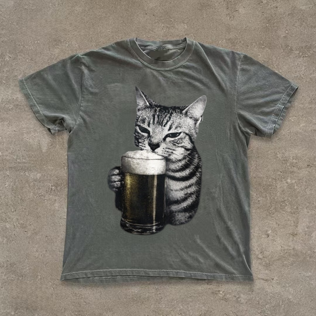 Cat Drinking Beer Funny Meme T-Shirt