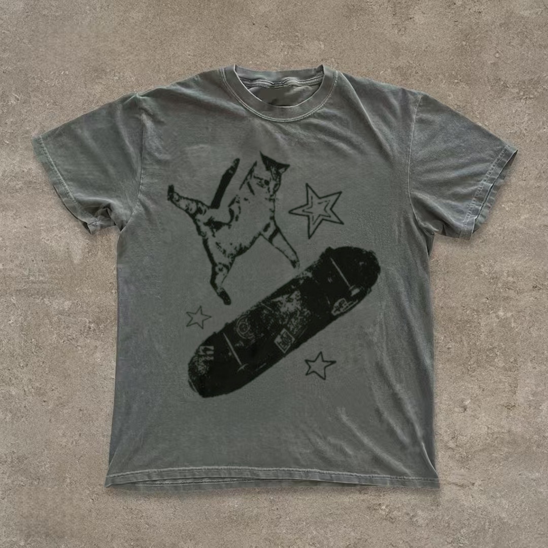 Skateboarding Cat Distressed Graphic T-shirt