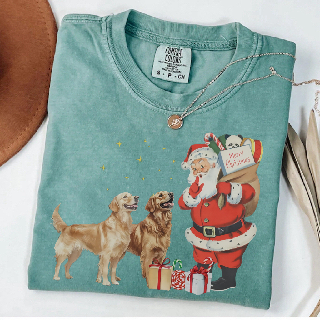 Vintage Golden Retriever Santa Christmas T-shirt