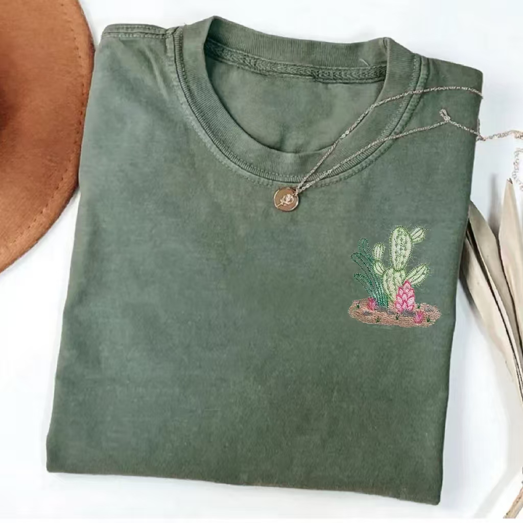 Cactus Embroidery Casual T-Shirt