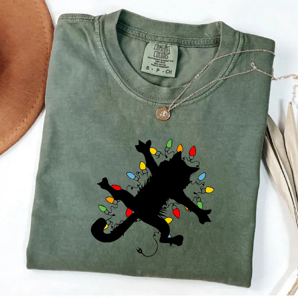 Comfort Color Cat With Christmas Lights T-shirt