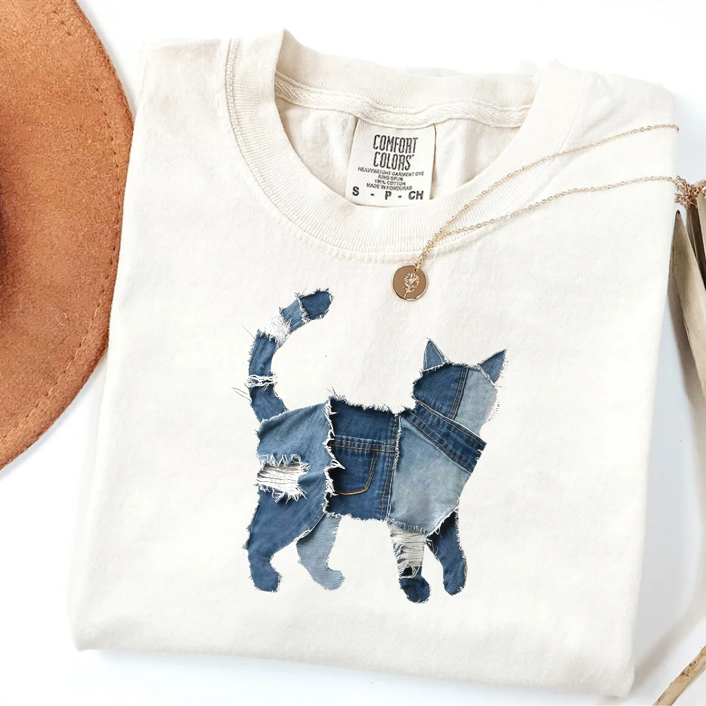 Cute Cat Denim Patchwork Art Shirt
