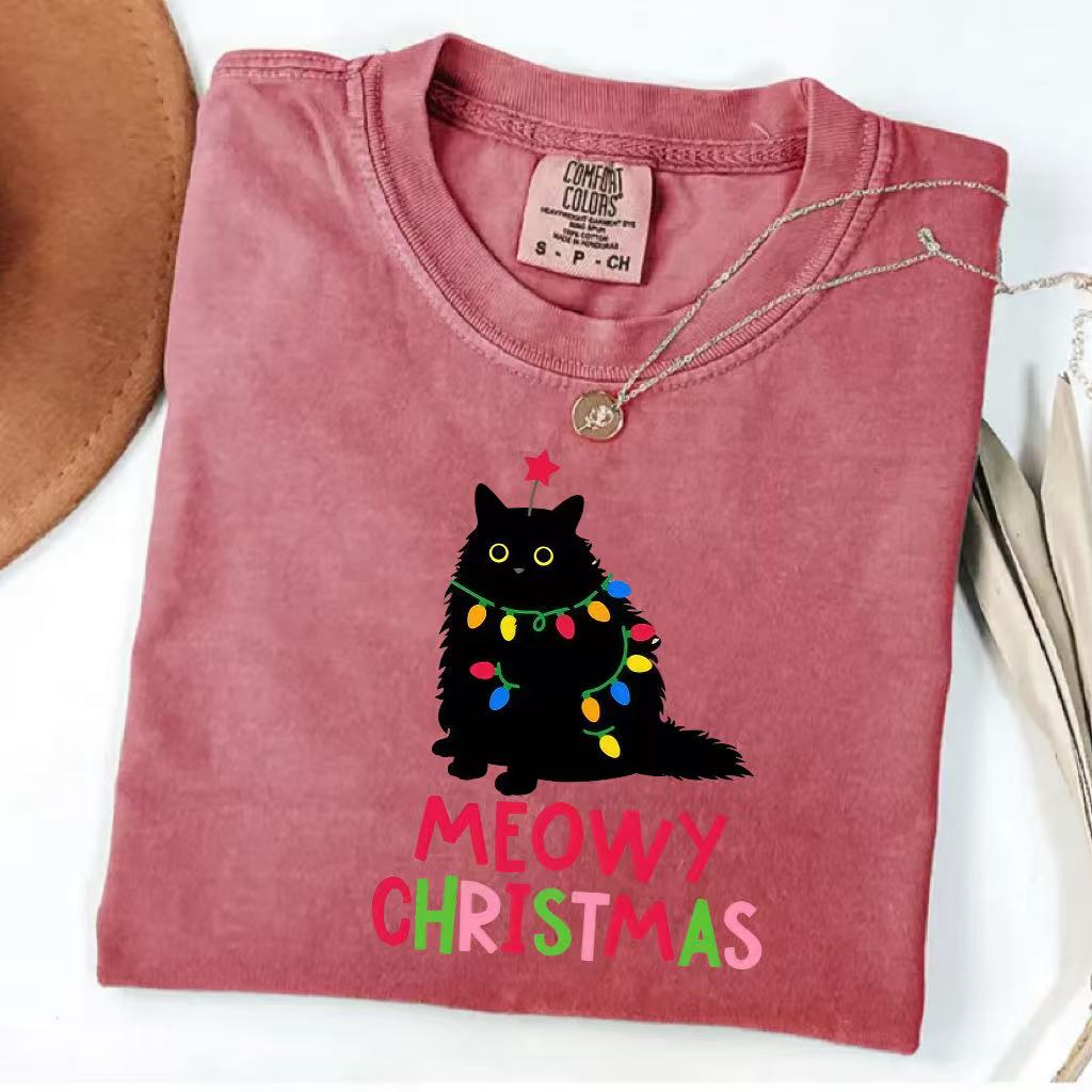 Meowy Christmas Black Cat Graphic T-Shirt