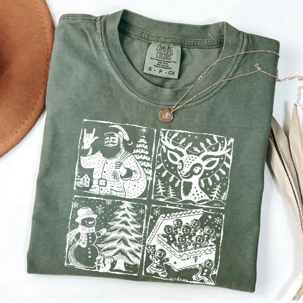 Retro Santa Reindeer Snowman Gingerbread Man Xmas T-shirt