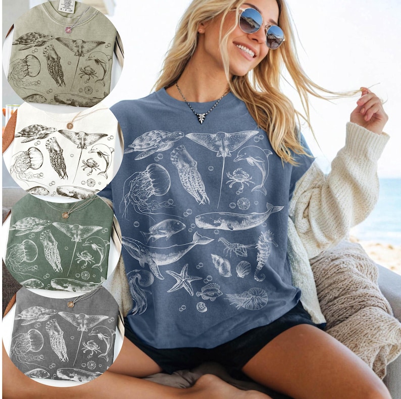 Sea Animals 90s Vintage Style Tshirt, Retro Y2k Ocean, Sealife, Whale, Orca, Turtle, Dolphin Shirt